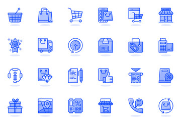 Wall Mural - Online shopping web flat line icon. Bundle outline pictogram of packages, mobile app, shop, gift, sale, money, coupon, payment, discount concept. Vector illustration of icons pack for website design