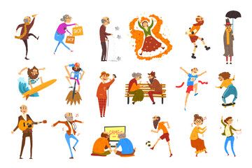 Sticker - Happy Elderly People Performing Different Activities Set, Senior Men and Women Having Fun, Doing Sports, Shopping, Playing Computer Games and Musical Instruments Vector Illustration