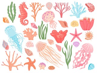 Wall Mural - Ocean elements. Cartoon seaweeds, corals, seashells and reef animals. Sea starfish, seahorse and jellyfish. Nautical decorative vector set