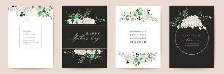 Vector Mothers day elegant floral greetings. Watercolor classic flowers frame set. Spring flower design