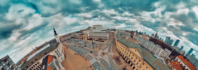 Wall Mural - Beautiful panoramic aerial drone skyline view of the Warsaw Grand Theatre (national opera house) on the Theater square (POL: Plac Teatralny), Poland, EU