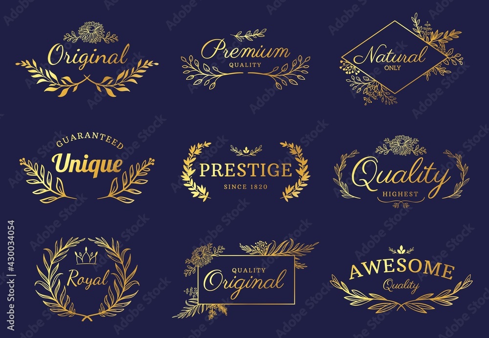 Golden ornament labels. Luxury floral badges and logo with leaf, flowers and crown. Vintage gold royal premium flourishes element vector set - obrazy, fototapety, plakaty 
