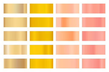 Metalic gradient collection with shiny golden hologram. Holographic foil texture, gold rose, bronze and gold gradation. Vector set for frame, ribbon, border, other design