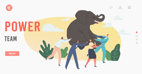 Wall Mural - Teamwork Landing Page Template. Business Power Team Holding Huge Elephant on Hands, Businesspeople Teammates Challenge