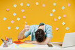 Young tired exhausted sarcastic sleepy employee business man wear shirt sit work at white office desk with laptop sleep put head on table show thumb up isolated on yellow background studio portrait