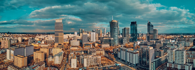 Wall Mural - Beautiful panoramic aerial drone skyline view of the Warsaw City Centre with skyscrapers, Poland, EU