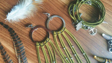 Fashion Handmade Jewelry Photo Olive Green Color With Feathers And Bull Skull.  
