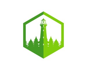 Sticker - Hexagonal shape with lighthouse and pine forest