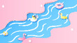 Sea water park in summer with swim ring duck, unicorn, flamingo, donut and beach ball floating on the water surface. Summer time. paper cut and craft style. vector, illustration.
