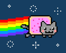 Space Cat Nyan NFT Creating Rainbow Among The Sparkling Star. Hot Cat. Cat Meme Vector Illustration