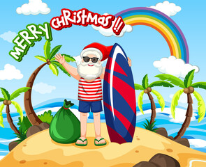 Sticker - Santa Claus on the beach island for Summer Christmas