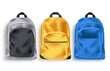 © AmazeinDesign - School bag vector set. School backpack and baggage 3d collection in gray, yellow and blue color for educational or travel elements isolated in white background. Vector illustration