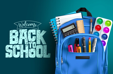 Back to school vector template design. Welcome back to school text with educational supplies like backpack, water color, notebook and calculator in blue background. Vector illustration