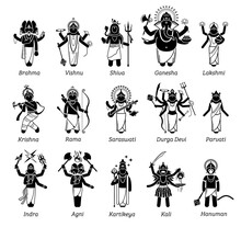 Hindu Gods, Goddess, And Deities In Stick Figure Icons. Vector Illustrations Of Popular Hindu Deities Brahma, Vishnu, Shiva, Genesha, Lakshmi, Krishna, Rama, Saraswati, Durga Devi, Kali, And Hanuman.