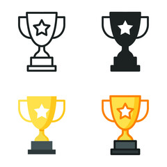 Trophy icon in different style. Line, solid, flat, filled outline symbol for design. Winner, award, cup, champ, contest, prize, won concept. Vector illustration isolated on white background. EPS 10.