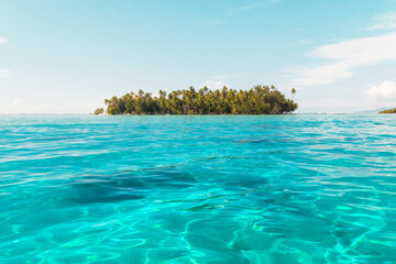 Wall Mural - Deserted Island paradise. Travel vacation icon of tropical beach private island motu with palm trees. French Polynesia Boat excursion in turquoise lagoon ocean going to private island in Bora Bora