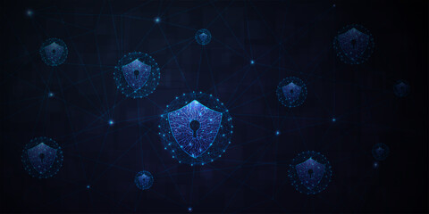 Leinwandbilder - Protection computer network concept.Computer protection virus attack with shield Keyhole icon on dark Blue background.