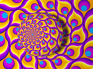 yellow background from feathers of peacock with rotating sphere. spin illusion.