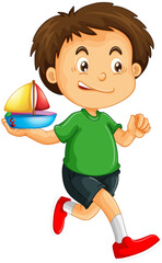 Canvas Print - Happy boy cartoon character holding a toy ship