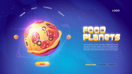 Wall Mural - food planets cartoon landing page with pizza sphere in outer space and start or download button. arc