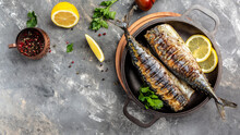 Grilled Mackerel Fish With Lemon Herbs And Spices, Banner, Menu Recipe Place For Text, Top View
