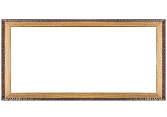 Wooden frame with gilding for paintings and photographs. Elongated rectangular frame with an ornament. 