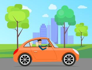 Wall Mural - Modern car parking along town street in cartoon style. Vehicles car on city street. Auto on road with trees. Beautiful automobile in nature park. Travel by car. Drive transport. Automotive concept