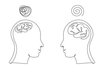 Aufkleber - Two Human heads with big and small brains and confused thoughts in one line art style. Continuous drawing illustration. Abstract linear Vector for medicine flyer, banner, brochure, poster