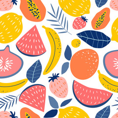 Wall Mural - vector seamless pattern with papaya fruits, lemons, oranges, bananas, watermelons, strawberries, figs and palm leaves. tropical pattern in a flat style. summer background