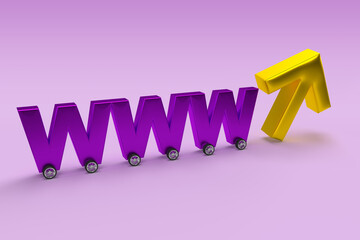 Wall Mural - purple word www on wheels as a car on isolated white background with gold arrow up.