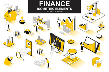Leinwandbilder - Finance bundle of isometric elements. Financial analytics, piggy bank, stock trading, market indexes, investment, money transfer isolated icons. Isometric vector illustration with people characters.