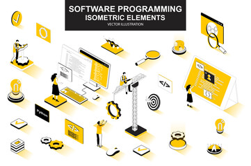 Leinwandbilder - Software programming bundle of isometric elements. Program languages, developer, software engineering, back end development isolated icons. Isometric vector illustration kit with people characters.