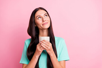 Sticker - Photo of young lovely pretty happy positive dreamy girl look copyspace drinking coffee isolated on pink color background