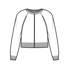 Zip-up cropped cardigan Sweater technical fashion illustration with rib crew neck, long raglan sleeves, knit trim. Flat jumper apparel front, white color style. Women men unisex CAD mockup