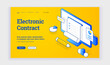 Electronic contract. Vector illustration of computer monitor with electronic legal contract for business near description and link button on web banner. Isometric web banner, landing page template