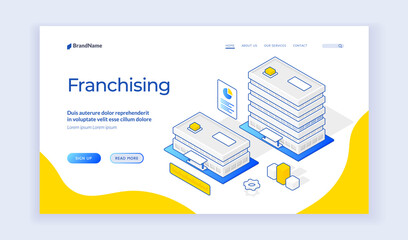 Wall Mural - isometric vector illustration of buildings of company branch offices representing franchising busine