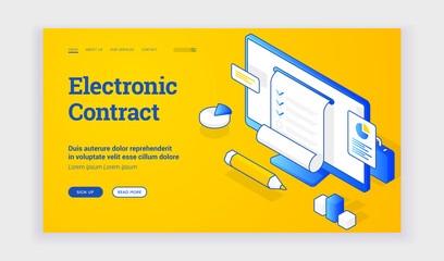Wall Mural - electronic contract. vector illustration of computer monitor with electronic legal contract for busi