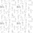 © akini - Black and white monochrome seamless pattern with many walking and standing people in summer clothes. Line art. On white background.