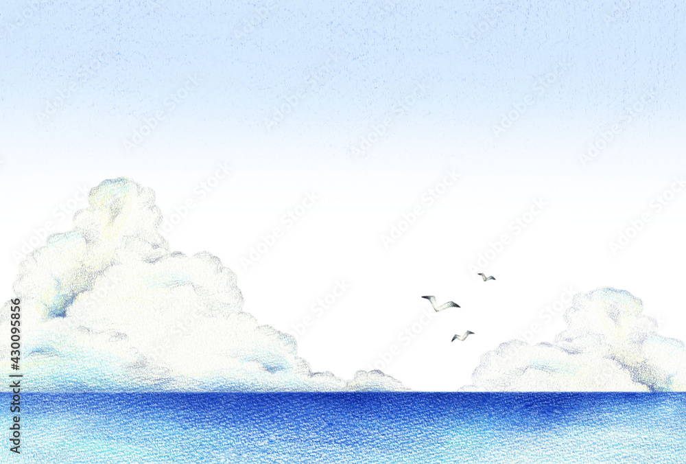 海と入道雲の青空の背景 横 手描き色鉛筆画 の Stock イラスト