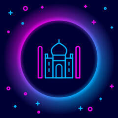 Poster - Glowing neon line Taj Mahal mausoleum in Agra, Indiaicon isolated on black background. Colorful outline concept. Vector