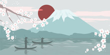Modern Minimalist Art Abstraction, Landscape. Mount Fuji Sunrise Landscape Panorama Of Japan, Fishermen In Boats, Lake. Branches With Cherry Blossoms. Vector Graphics.