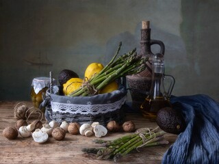 Wall Mural - Still life with asparagus and fruits