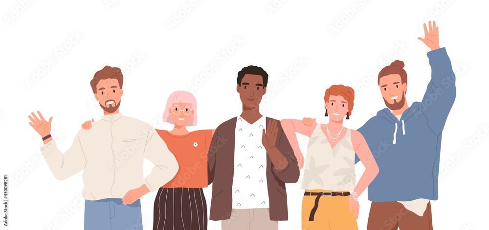 Group portrait of diverse happy young people standing together and ...