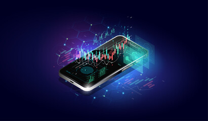 Trade exchange app on phone screen. Internet banking app. Mobile phone payment with NFC technology and High level payment security.