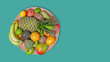 Tropical fruit in a circular wooden fruit bowl