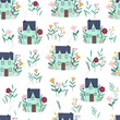 Raster seamless background, imitation of art oil. Cute cartoon stuffs, tiny houses in flowers. Kids illustration for wrapping paper, textile, decorations.