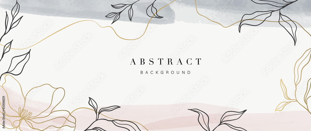 Abstract art background vector. Luxury minimal style wallpaper with golden line art flower and botanical leaves, Organic shapes, Watercolor. Vector background for banner, poster, Web and packaging. - obrazy, fototapety, plakaty 