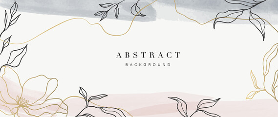 Abstract art background vector. Luxury minimal style wallpaper with golden line art flower and botanical leaves, Organic shapes, Watercolor. Vector background for banner, poster, Web and packaging.