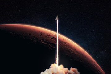 Fototapete - Rocket launch to the red planet Mars. Spaceship takes off into starry deep space with red planet and horizon Mars. Space mission ant travel