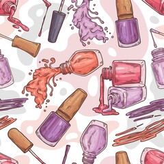 Seamless pattern design with nail lacquer bottles, sketch vector illustration.